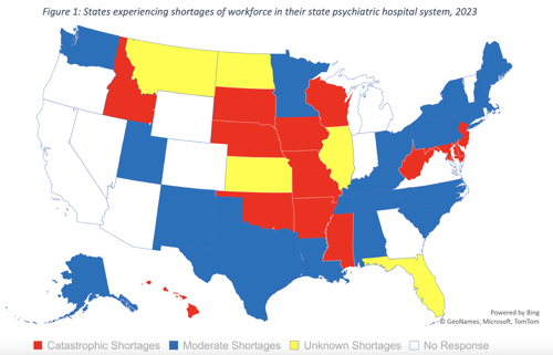 States experiencing shortages of workforce in their state psychiatric hospital systems